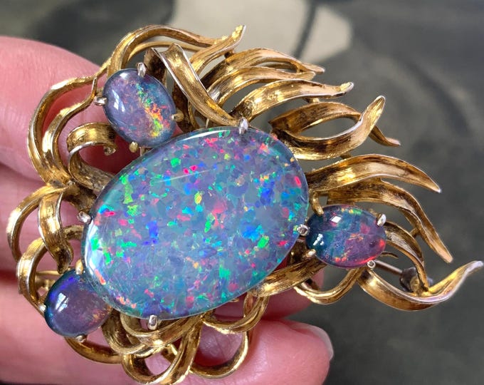 Vintage Black Opal Brooch: 1950s Gold Vermeil, Silver Filigree