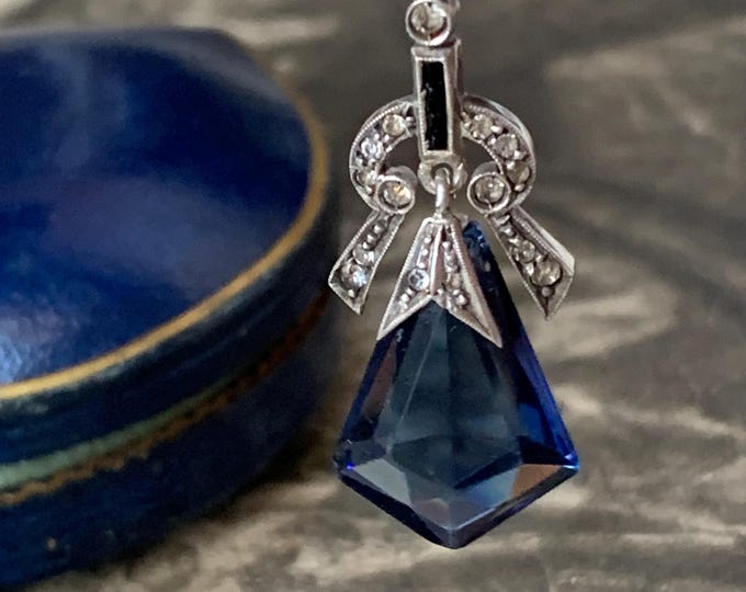 Antique Silver pendant necklace. New recycled silver 20 inch chain. Paste sapphire and paste diamond articulated pendant. European jewelry