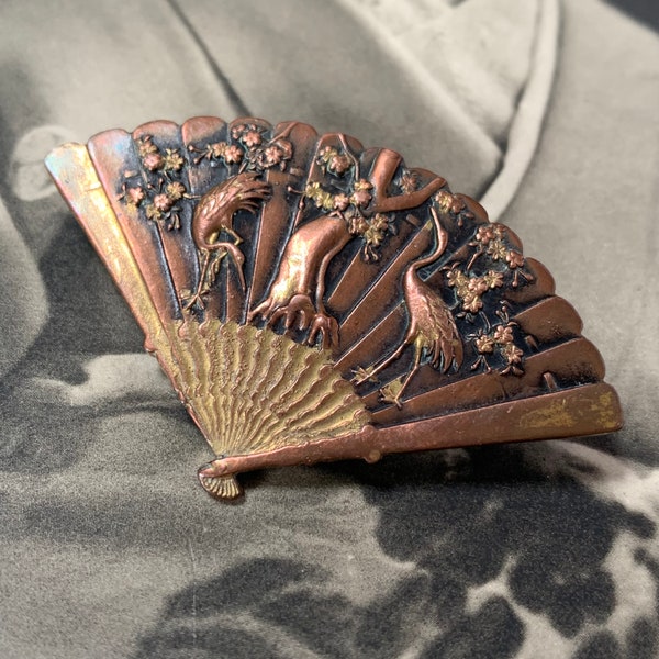 Antique Japanese Brooch Pin. Gilt Shakudo Fan would be a  beautiful and unique keepsake gift