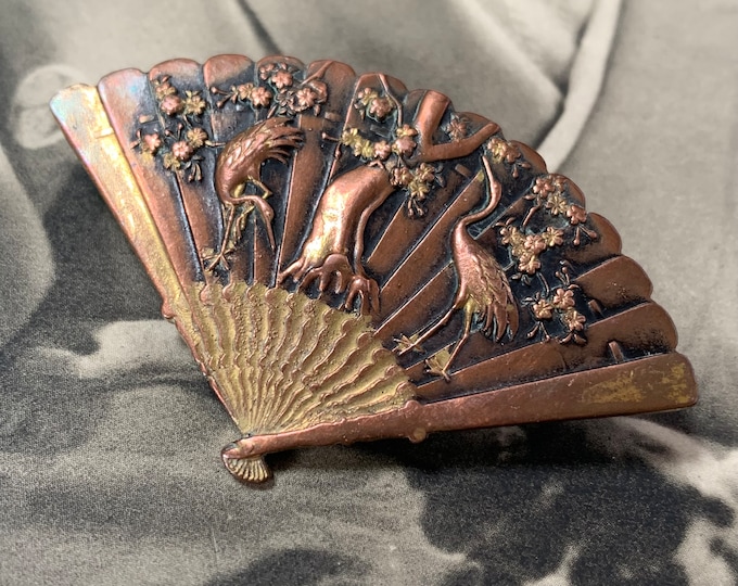 Antique Shakudo Fan Brooch: Japanese Meiji Period Crane & Hibiscus Pin