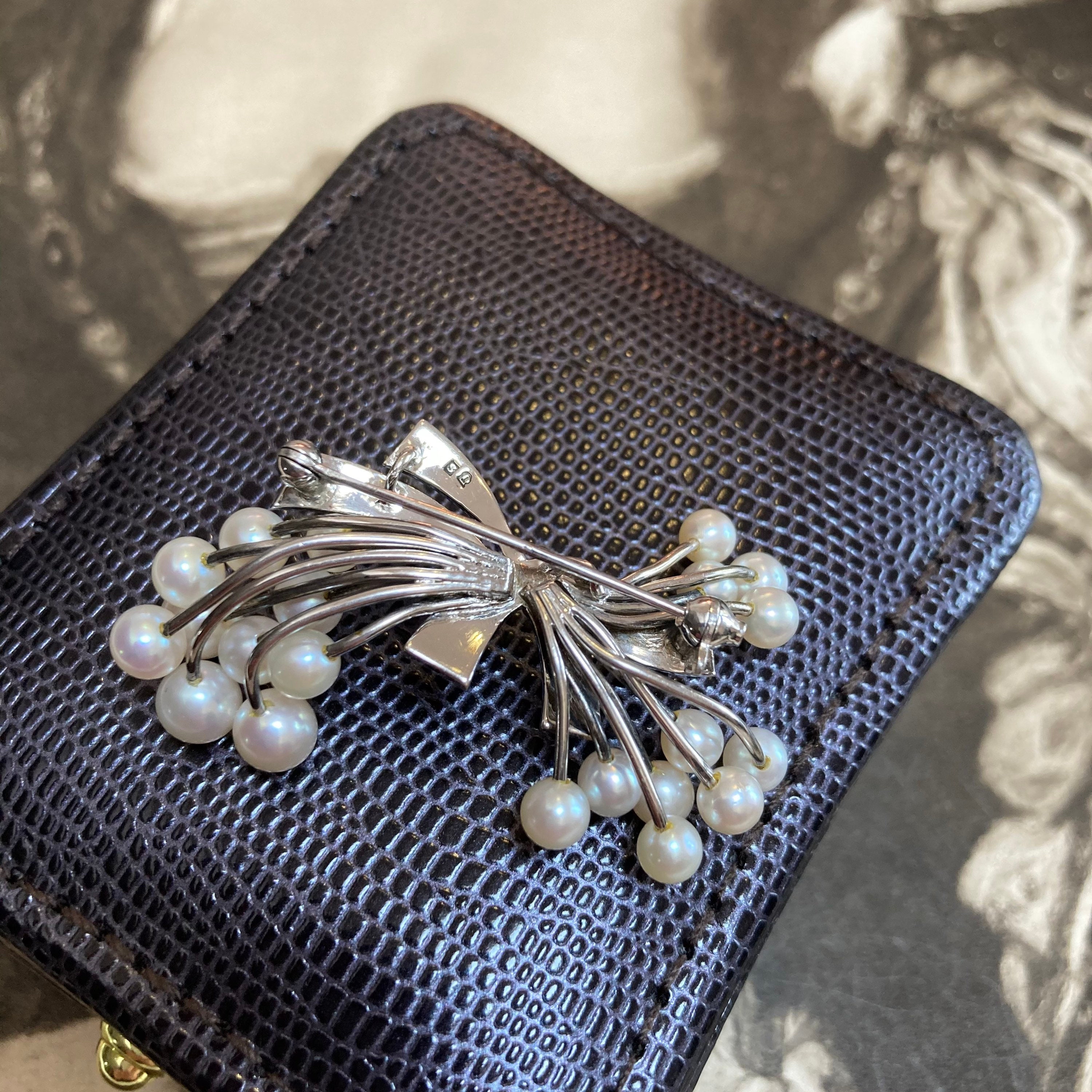 Tasaki Designed Akoya Pearl Brooch. Set in Fine Silver Bow Design