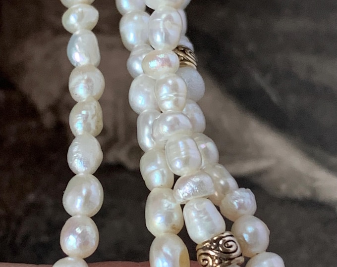 Long Freshwater Pearl Necklace with Silver Gilt Beads. Summer Jewelery