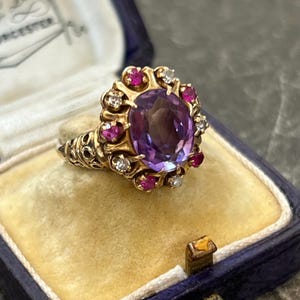 Antique 18ct Gold Amethyst Ruby Diamond Ring | Etruscan Revival Victorian Ring | Oval Amethyst Cluster Ring | Statement Ring Size M