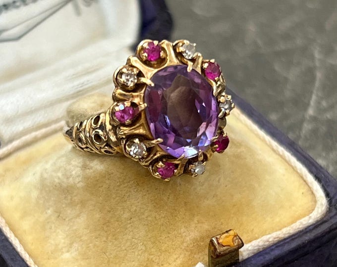 Antique 18ct Gold Amethyst Ruby Diamond Etruscan Revival Ring Size M