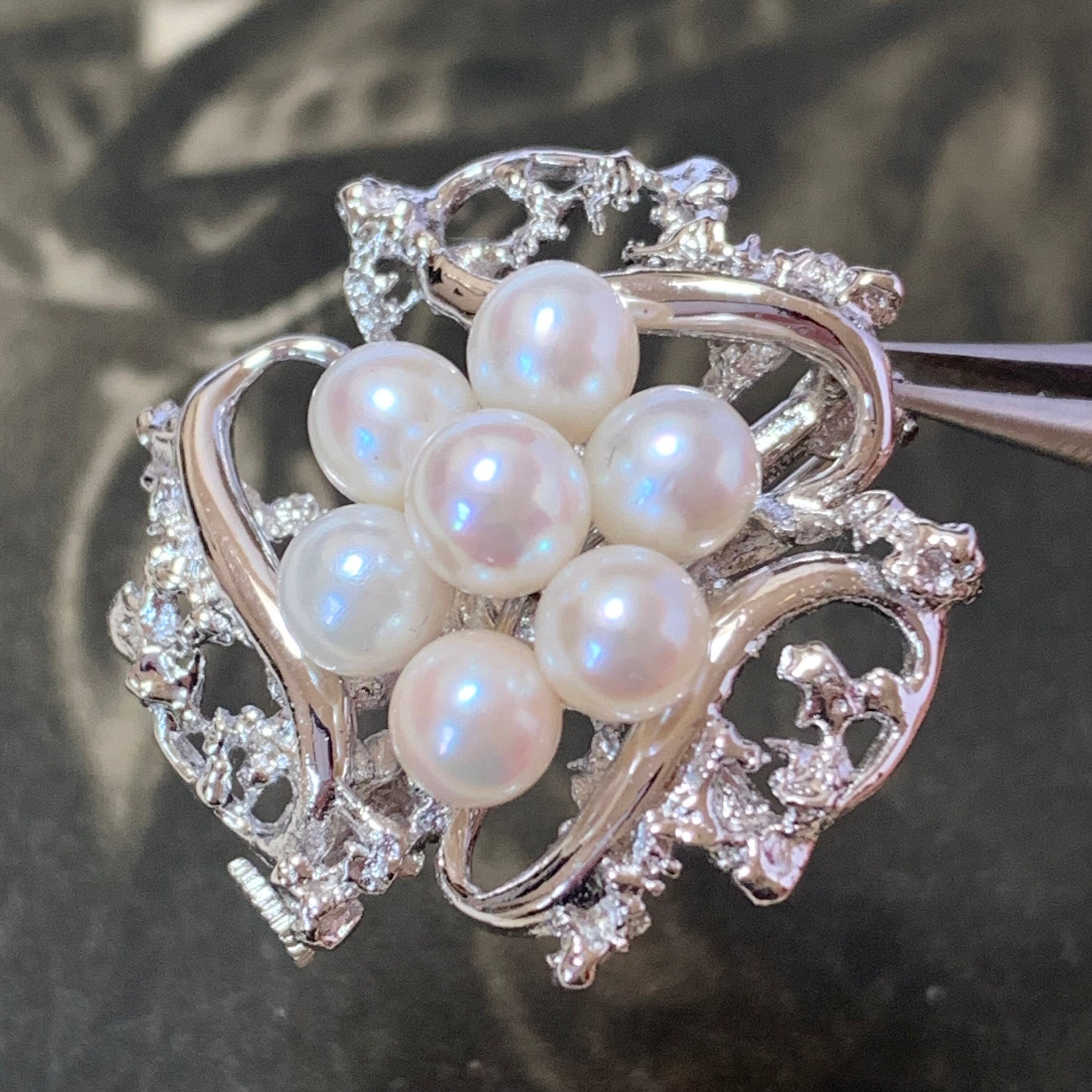 stunning Silver Brooch Set With White Cultured Pearls, Vintage Circa 1980S. Lovely Quality Pearls in An Ornate Flower Design