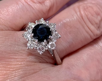 Vintage 18ct White Gold Sapphire Diamond Halo Ring - Lady Di Style - 1980