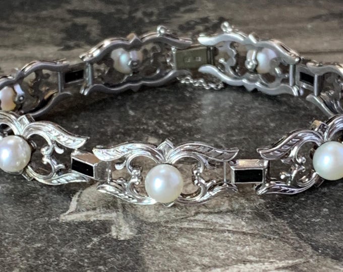 Mikimoto Akoya Pearl Bracelet | Silver Rococo Scrolled Design | Bezel set Onyx and 6mm pearls | Rare vintage piece