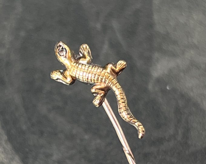 Antique 9ct Gold Lizard Stick Pin | Art Deco Gecko Lapel Brooch