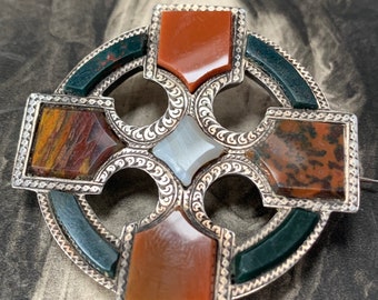 Antique Scottish Silver brooch. Set with Carnelian, bloodstone, Red Agate and Jasper in a Crusiform celtic design