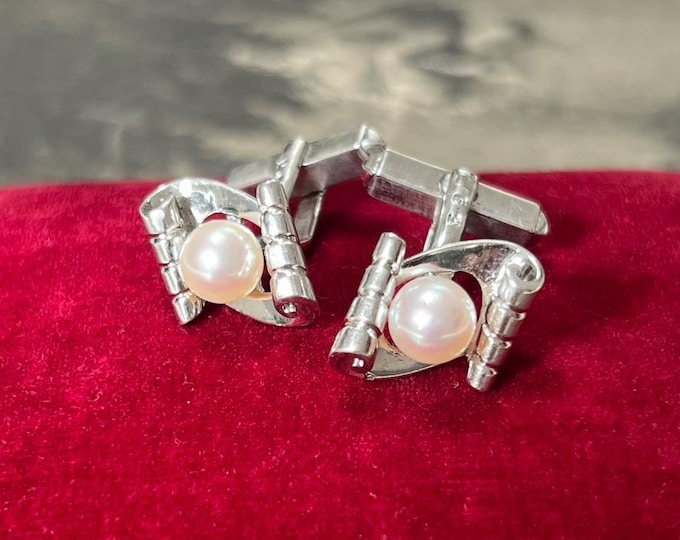 Mikimoto Akoya Pearl Cufflinks | 1950s–60s Japanese Silver | 6.4mm Cultured Pearls | Original Mikimoto Box | Wedding Formal Wear Jewellery