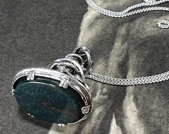 Victorian Silver Bloodstone Fob Pendant • Antique Seal with Recycled Sterling Chain