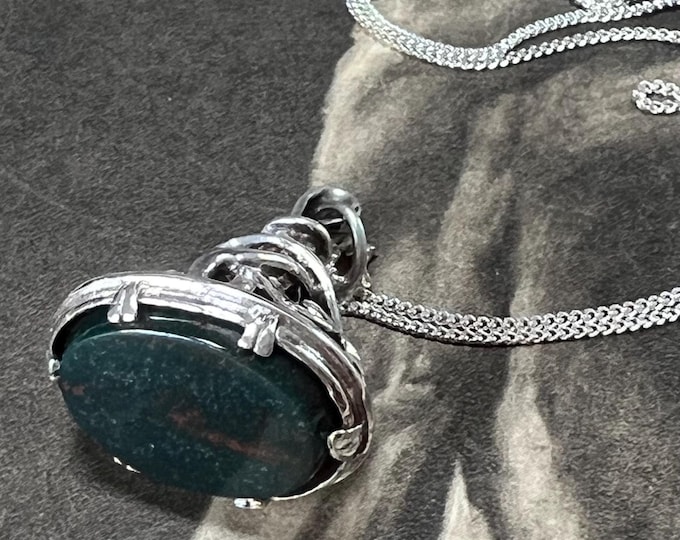Victorian Silver Bloodstone Fob Pendant • Antique Seal with Recycled Sterling Chain