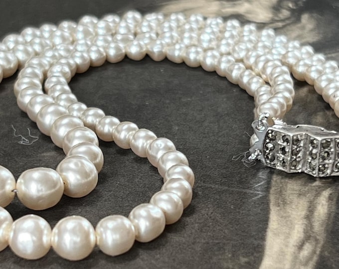 Vintage Double Strand Baroque Faux Pearl Bead Necklace with Silver Marcasite Set Clasp 1960s