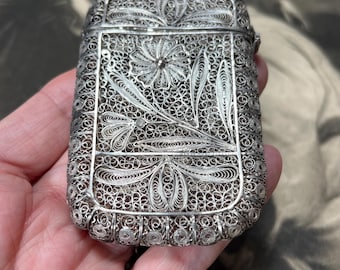Antique Silver Filigree Card Case: Ottoman Telkari Floral Design