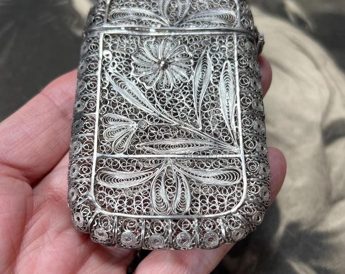 Antique Silver Filigree Card Case: Ottoman Telkari Floral Design