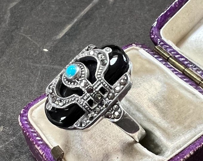 Art Deco Silver 925 Onyx Marcasite Turquoise Cocktail Ring (O UK / 7 US)