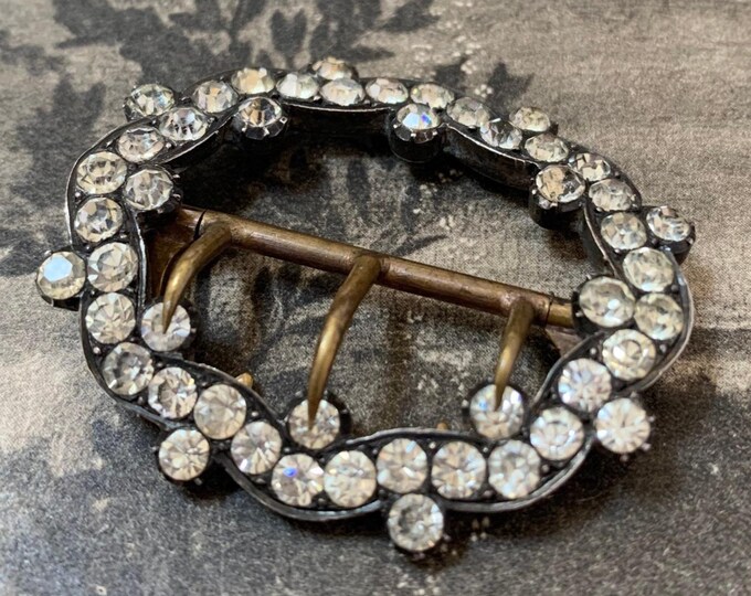 Georgian silver buckle brooch. Large antique brooch set with old sparkling paste white stones