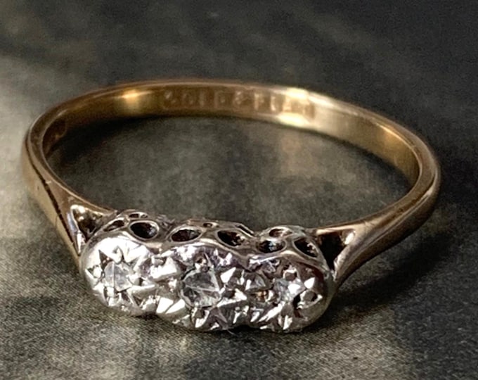 Vintage Natural Diamond Trilogy Ring: 9ct Gold Platinum Art Deco Style