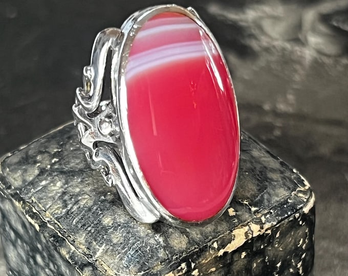 David Scott Walker Sterling Silver Pink Agate Ring – Vintage 2002 Statement Piece