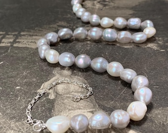Hand made Grey and White Baroque mens pearl necklace with sterling argentium silver extender chain