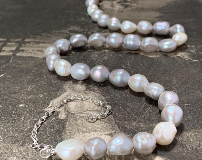 12mm baroque pearl necklace | Dove grey and white with Argentium silver extender chain | Matinee length 21 inches