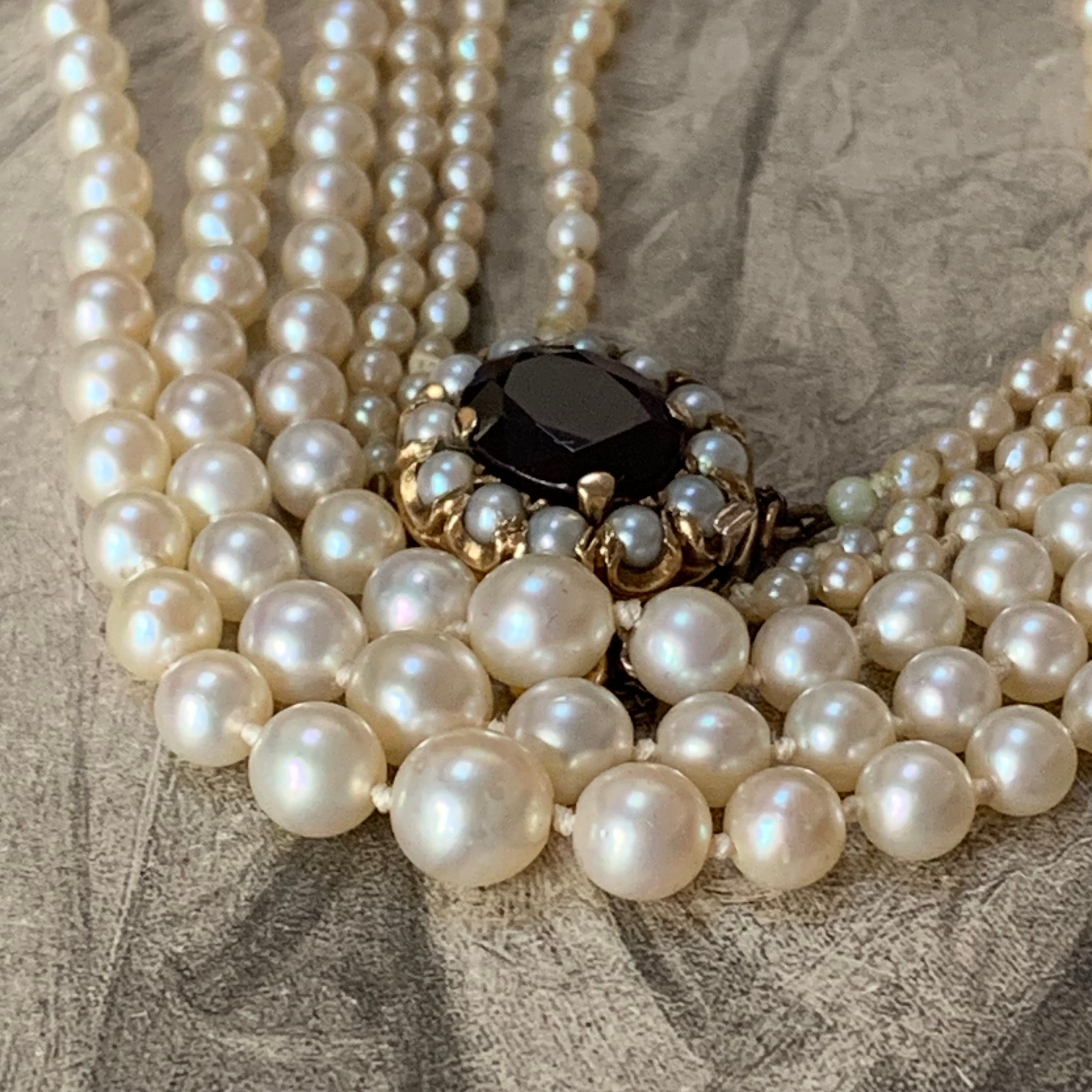 Vintage 3 Row Saltwater Pearl Necklace With 9Ct Gold Garnet Clasp. An Amazing 19Inch Triple Strand For Formal & Casual Ware