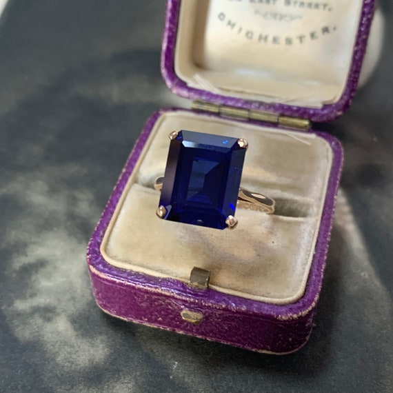 Emerald cut sapphire ring. Vintage 1960s hallmark… - image 10