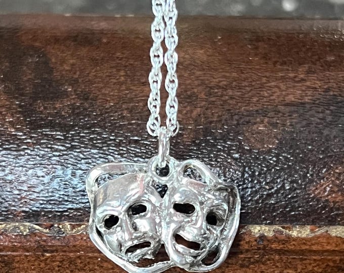 Vintage Comedy Tragedy Mask Pendant • Recycled Sterling Silver Necklace