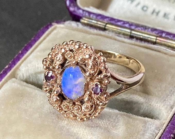 Antique Opal Ruby Ring: 12ct Gold Floral Band, Size US 3