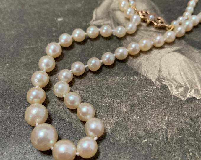 Graduated pearl necklace | 71 akoya pearls 8mm - 3mm pearls | 1960 vintage 9ct gold clasp and full English hallmark