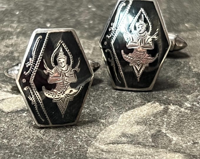 Vintage Siam Silver Thai Dancer Cufflinks | 1950s Niello Sterling Silver
