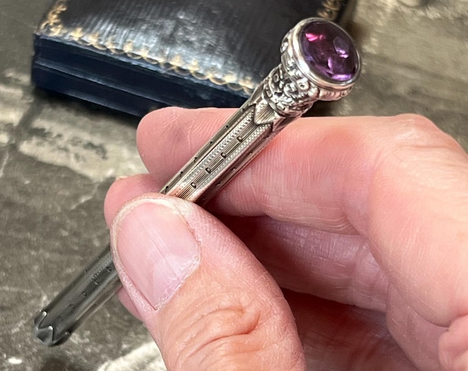 Victorian Silver Mechanical Pencil, Antique Amethyst Propelling Pencil, 19th Century Engraved Writing Instrument, Collector Gift