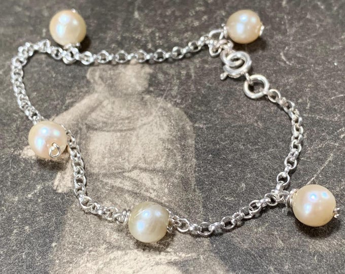 100% Recycled Silver And Cultured 7mm Pearl 925 Charm Bracelet 7 1/2 inches long 19cm