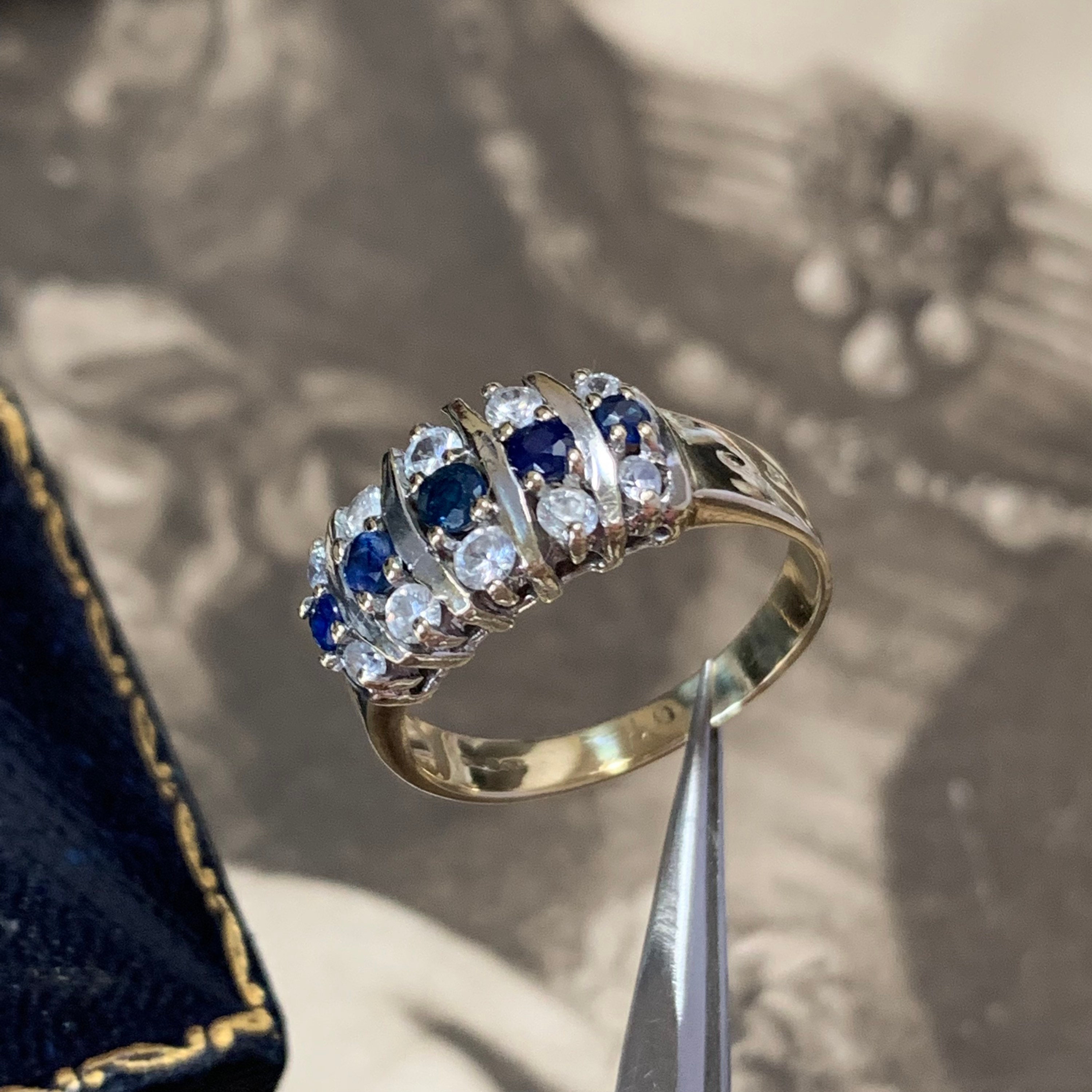 Sapphire & Quartz Gold Ring Size Q. Wondeful Engagement Or Wedding Band