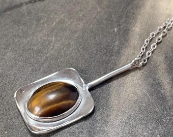 Vintage Tigers Eye Sterling Silver Pendant Necklace - 1971 Hallmark