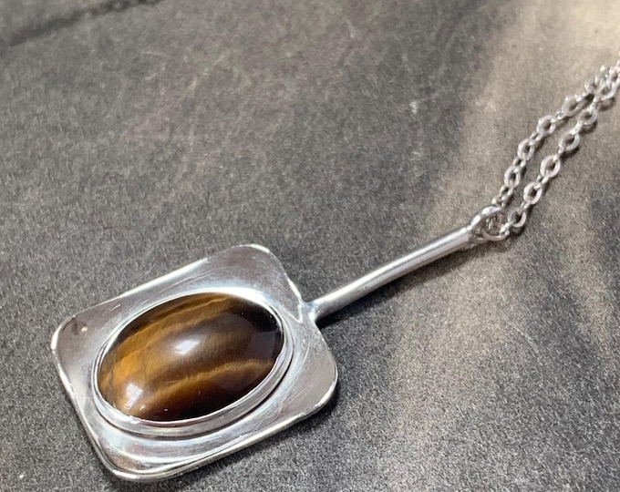 Vintage Tigers Eye Sterling Silver Pendant Necklace - 1971 Hallmark