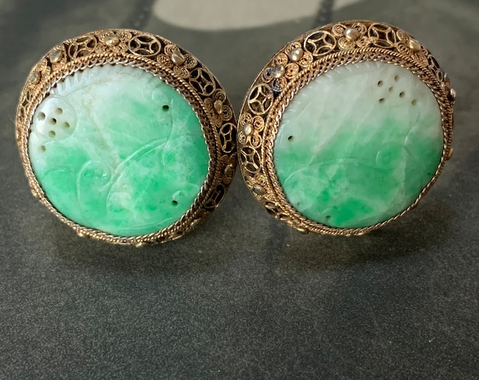 Qing Dynasty Moss-in-Snow Jadiete Earrings.  Antique Silver Gold Gilt Clips with lovely Jade gemstones with carved phoenix