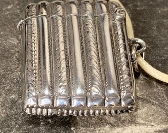 Edwardian vesta case pendant for chain or strap necklace. 1913 Birmingham hallmark Sterling Silver , 16 grams, free corded strap