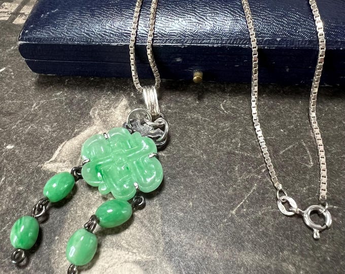 Jade Lavalier Pendant: Sterling Silver Moth, Vintage Green Gemstone