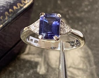 9ct White Gold Iolite and Diamond Ring, Emerald Cut Violet Blue Gemstone, , UK Size L