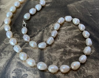 18 inches Princess length pearl necklace. Baroque Pearl Necklace. 8mm-10mm natural pearls. Silver spacer beads silver clasp