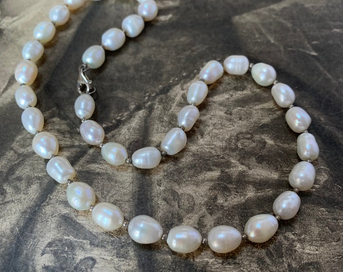 Baroque Pearl Necklace. 8mm-10mm natural pearls. 18 inches Princess length with large pearls. Silver spacer beads silver clasp