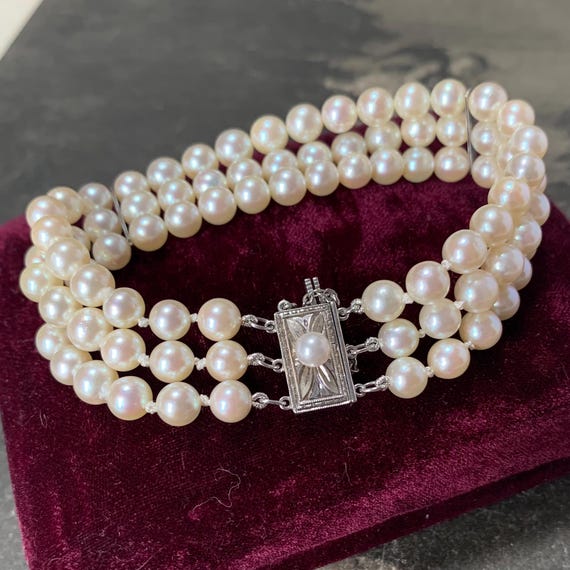 Mikimoto 3 Strand Pearl Bracelet. 17cm Long 5.5mm Akoya Pearls With Silver Clasp and Mikimoto Velvet Box. Beautiful Etsy