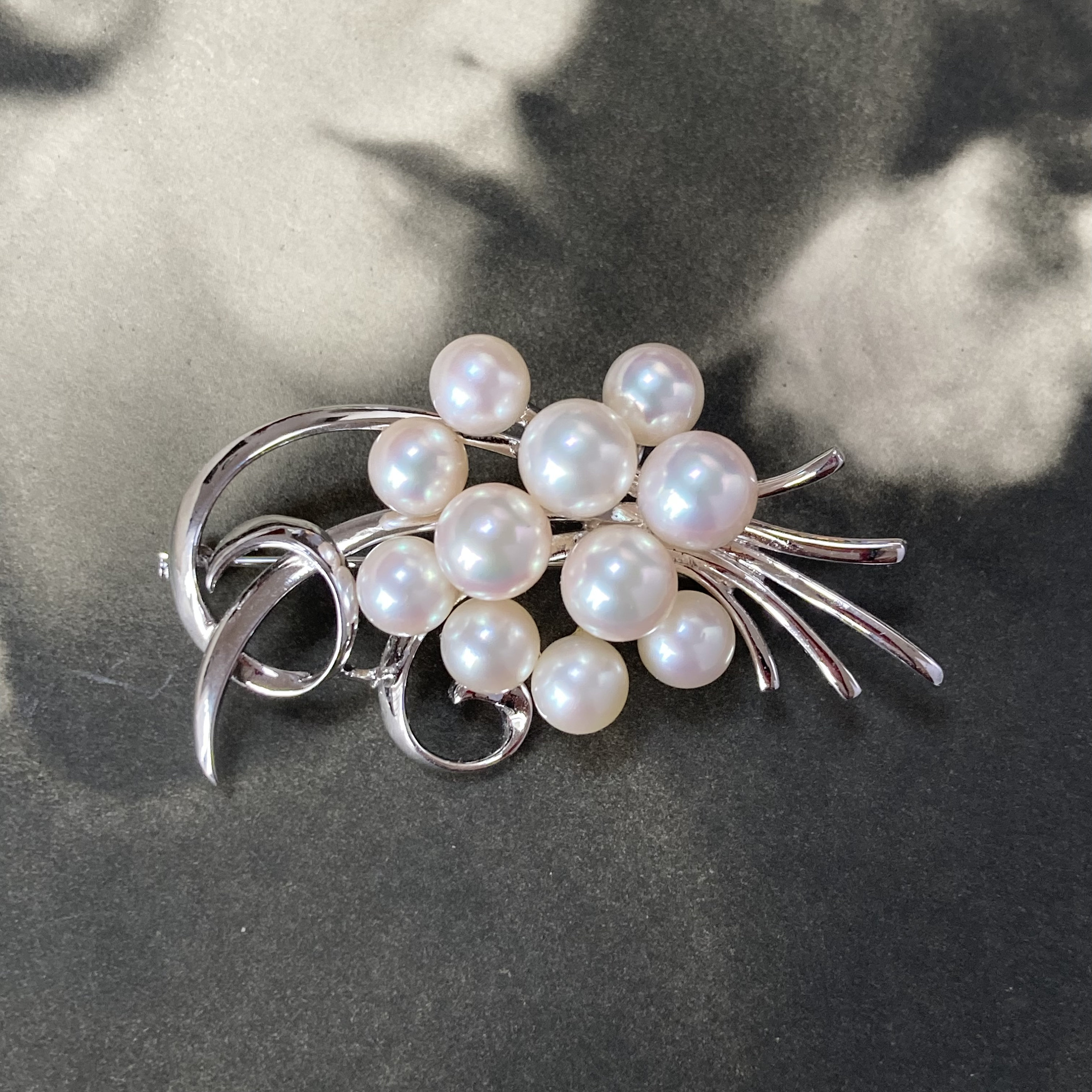 Mikimoto Akoya Pearl Brooch Made From Silver & Set With 11 Fabulous Japanese Pearls