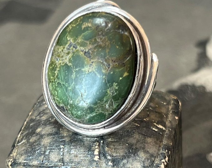 Large Green Serpentine - Lizardite Cabochon Ring | Handmade 925 Silver Statement Ring