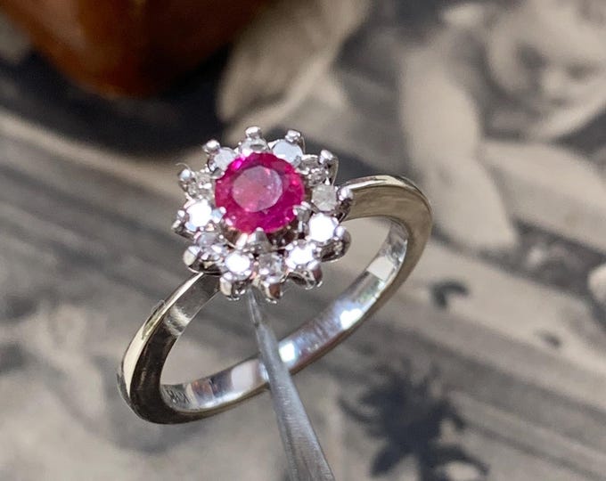 Vintage Ruby and Diamond Halo Ring: 18ct White Gold, Size M/6