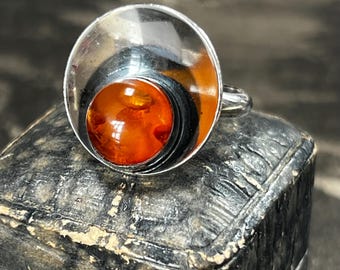Niels Erik From | Danish Silver Amber Halo Ring | Vintage Scandinavian Designer Jewellery | Size M, 6 (US)
