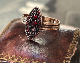 Antique Victorian Garnet Ring – 9ct Rose Gold – Natural Garnets – Marquise Cluster Design – Edwardian Era