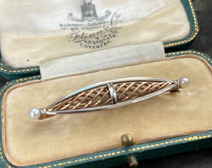 Antique Art Deco 18ct Gold, Platinum & Pearl Brooch in Original Box
