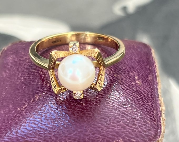 Vintage 18ct Gold Akoya Pearl & Diamond Ring – 7mm Pearl – 1950s Dress Ring – UK L 1/2